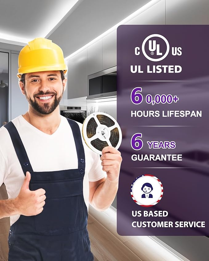 HitLights White LED Strip Lights 5000K, 16.4ft Premium 12V COB Tape Light High Density, 2400 LEDs, 305+ LM/FT, CRI 90+, IP30, Lighting for Kitchen, Cabinets, UL Listed (Power Source Not Included)