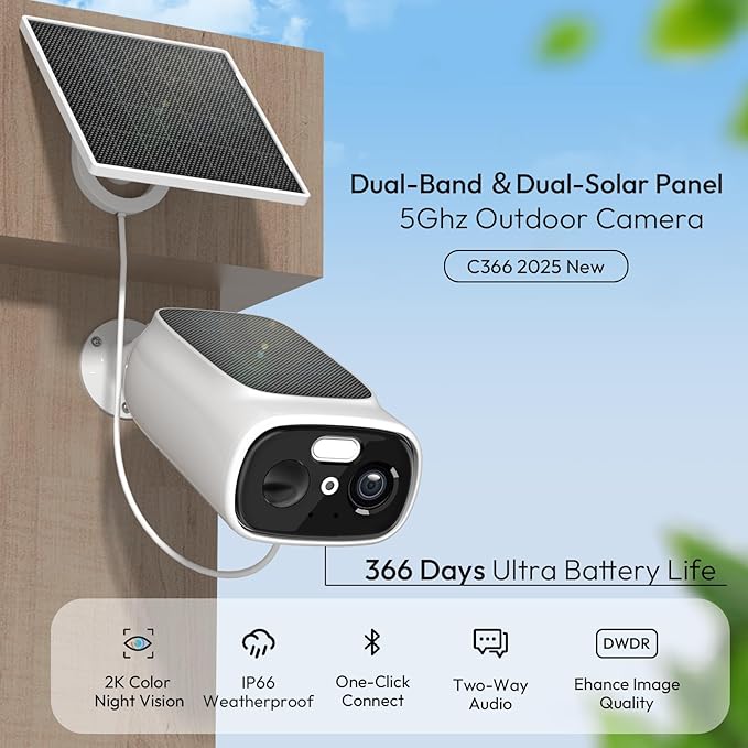 ELECCTV 2K Solar Camera Outdoor Wireless, 2.4/5 Ghz WiFi Cameras for Home Security,130°-Wide View,Color Night Vision, IP65 Waterproof,2-Way Audio,Cloud/SD, Support Alexa