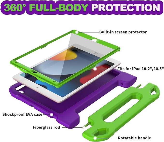 YIHE Kids Case for iPad 10.2 Inch 9th/8th/7th Generation 2021/2020/2019, iPad Pro 10.5 & iPad Air 3, Shockproof Handle Stand Kids Case with Screen Protector for iPad 10.2/10.5 Inch, Purple&Green