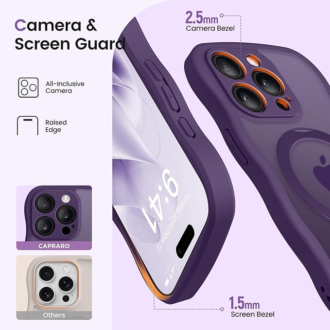 CAPRARO for iPhone 13 Pro Case with 360° Spin Magnetic Stand for Women, [Compatible with MagSafe] [Full Camera Protection] Cute Wave Translucent Matte Case for iPhone 13 Pro, Deep Purple