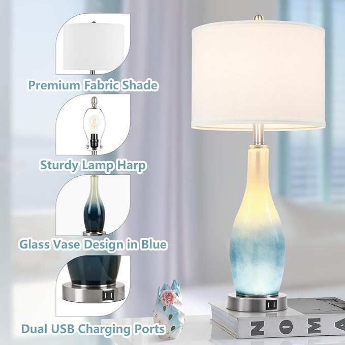 BesLowe 26in Tall Glass Table Lamps Set of 2 with 2 USB Charging Ports & LED Nightlight, Large Coastal Table Lamps for Living Room End Table, Modern Beach Lamps for Bedroom Bedside Nightstand, Blue