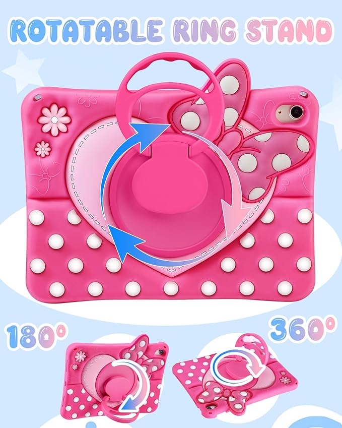 Boaretiu Kids Case for iPad A16 11th Generation 11 Inch 2025/for iPad 10th Gen 2022 10.9 Inch - Cute Girly Cartoon Soft 3D Silicone Cover with Strap & Rotating Stand for Girls Teens, Bow Heart