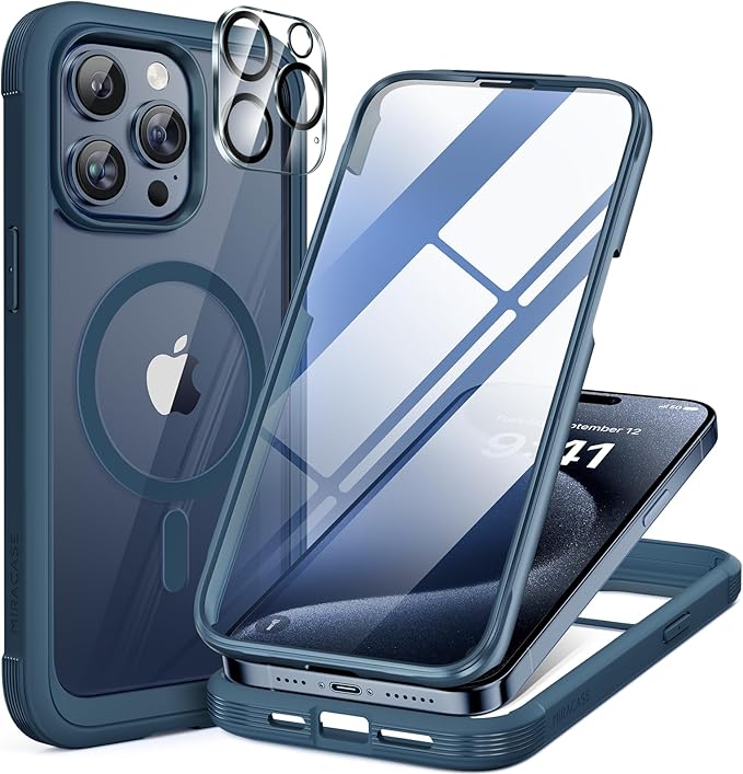 Miracase Magnetic for iPhone 15 Pro Max Case 6.7'' [Compatible with Magsafe] Full-Body Drop Proof Phone Case for iPhone 15 Pro Max with Built-in 9H Tempered Glass Screen Protector,Blue