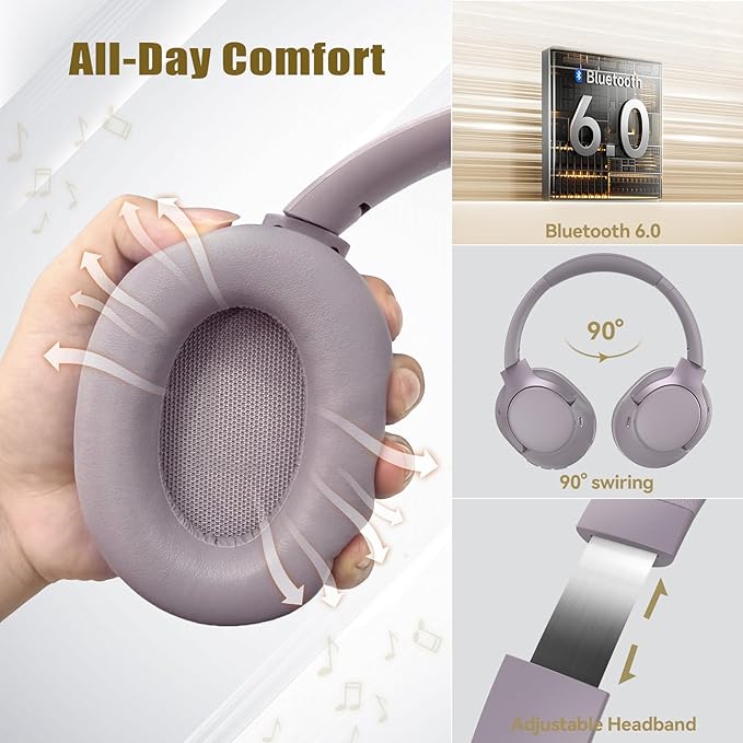 TECKNET Hybrid Active Noise Cancelling Headphones, Bluetooth 6.0 Wireless Headphones, 70H Playtime and 6 EQ Music Modes with 3.5mm Cord, Over Ear Headphones for Travel Work Cellphone - Purple Gray
