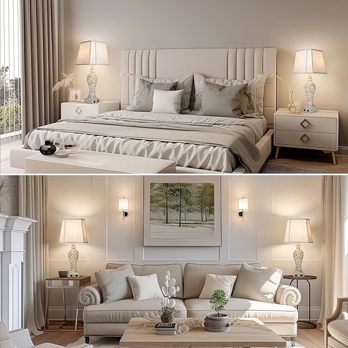 LuxSight Collection 28.5" Table Lamps Set of 2 - Bedside Lamp with Fabric Shades - for Bedroom and Living Room with USB and Nightlight - Perfect for Nightstands and Bedrooms