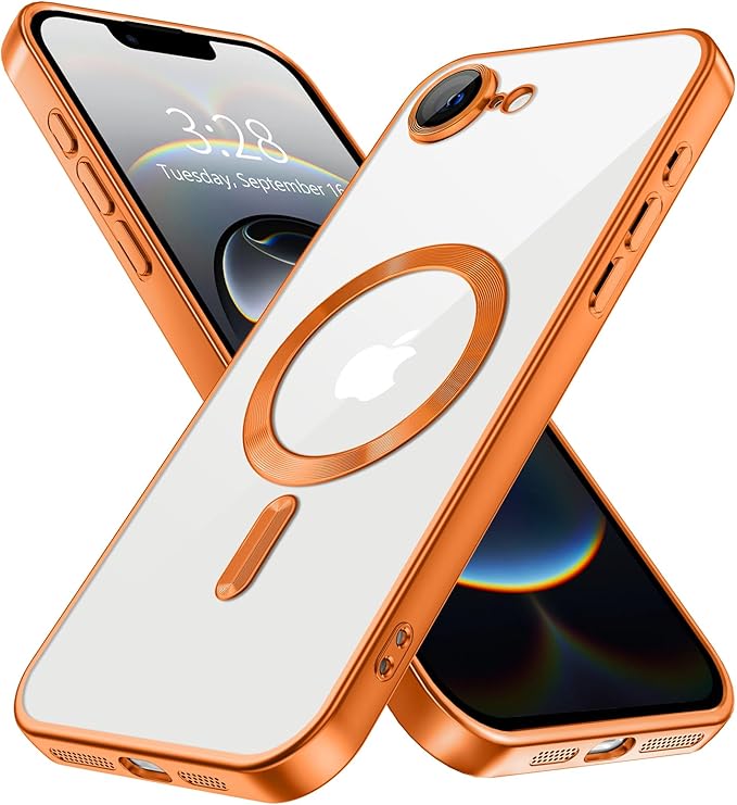 Hython Magnetic Clear for iPhone 16e Case with Camera Lens Protector [Compatible with MagSafe] Luxury Plating Edge Slim Soft TPU Cover Protective Phone Case for iPhone 16e 6.1", Matte Orange