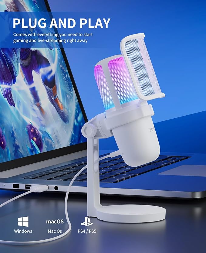 USB Microphone for PC,White Mini Mic for PS4/ PS5/ Mac,Computer Gaming Condenser with Quick Mute,RGB Streaming,Filter,Shock Mount,Recording Microphones for YouTube Titok