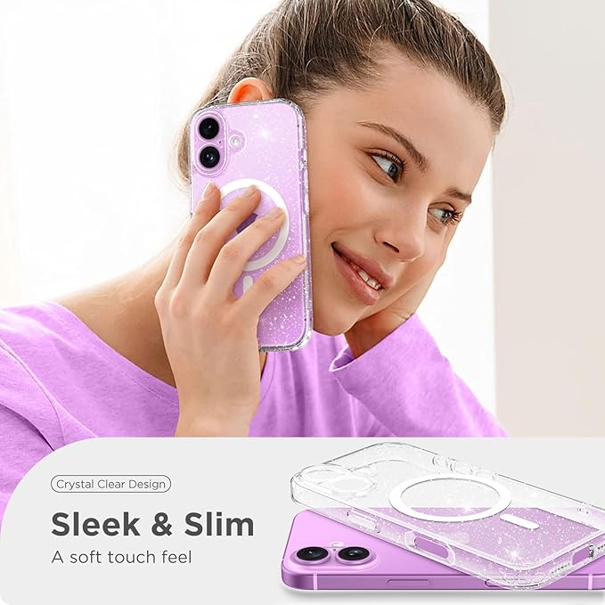 CAPRARO Magnetic Compatible with iPhone 16 Case, Upgraded [Full Camera Protection] [Compatible with MagSafe] Protective Translucent Matte Women Girl Phone Case Cover, Clear Glitter