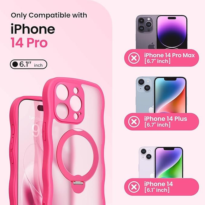 CAPRARO for iPhone 14 Pro Case with 360° Spin Magnetic Stand for Women, [Compatible with MagSafe] [Full Camera Protection] Cute Wave Translucent Matte Case for iPhone 14 Pro,Hot Pink