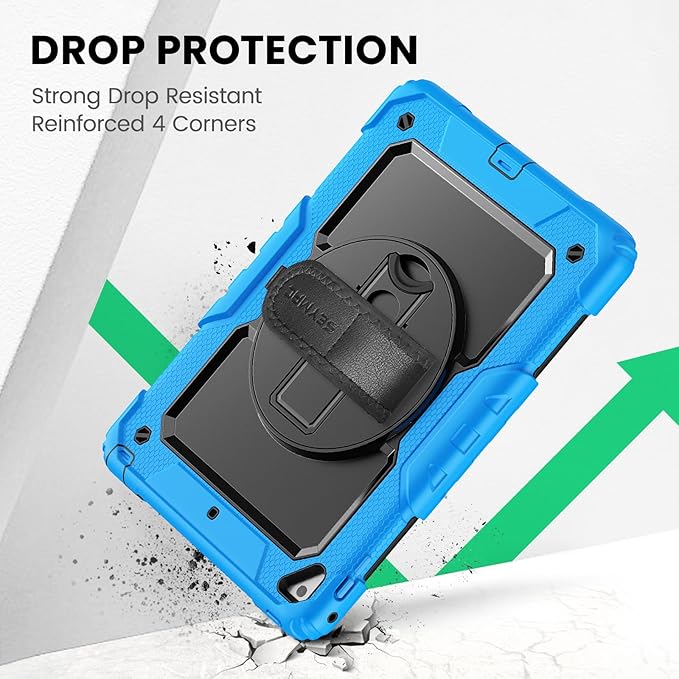 SEYMAC Case for iPad 6th/5th Generation 9.7 Inch, Full-Body Shockproof Heavy Duty Protective Case with Screen Protector, Rotating Stand/Hand/Shoulder Strap for iPad Air 2/ Pro 9.7, Light Blue