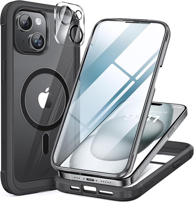 Miracase Magnetic for iPhone 15 Plus Case 6.7'',only for 15 Plus Phone Case Cover with Built-in 9H Tempered Glass Screen Protector,not for Pro/Pro Max,Magnetic Black