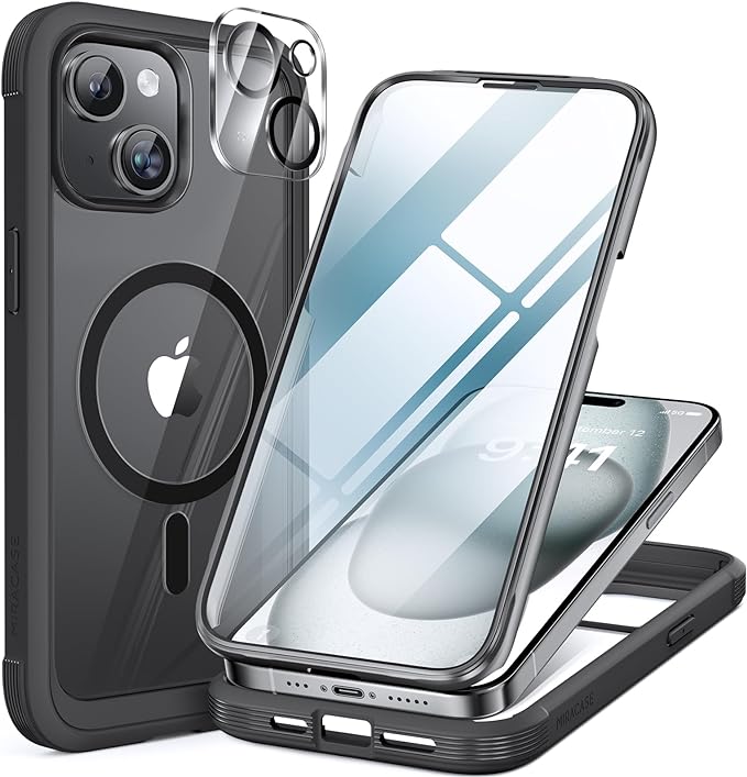 Miracase Glass Series for iPhone 15 Case [Compatible with MagSafe] Full-Body Magnetic Bumper Case with Built-in 9H Tempered Glass Anti-Fingerprint Screen Protector + Camera Lens Protector, Black