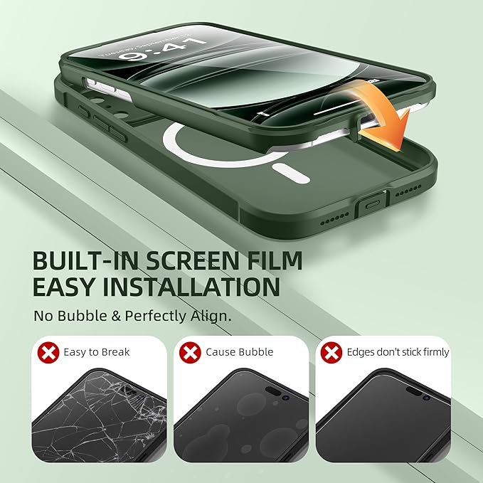 BERFY for iPhone 17 Pro Case, Compatible with MagSafe, Built-in Glass Screen Protector, Camera Protection, Shockproof Full Body Phone case 6.3", Translucent Deep Green