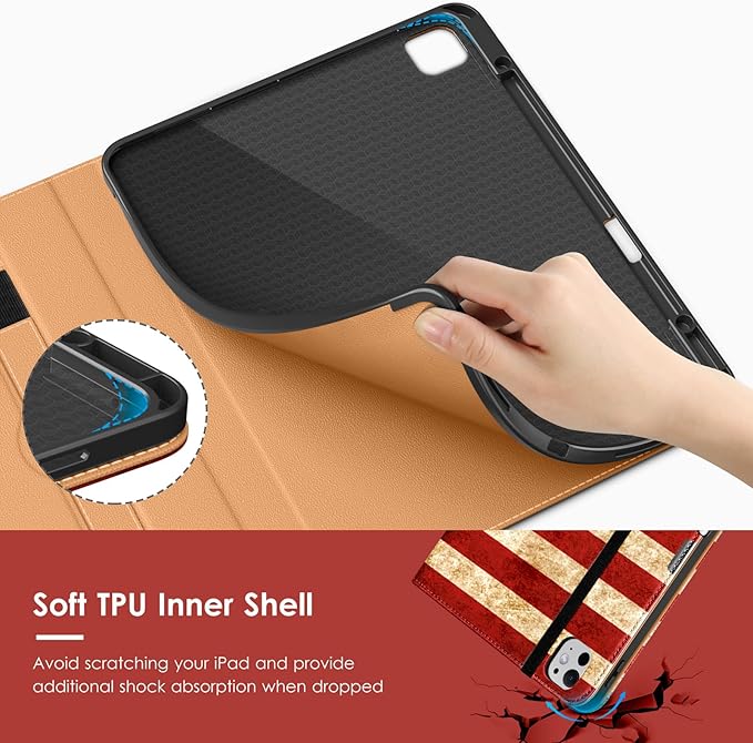 VIKESI Case for iPad Pro 13 (M4) 2024, Leather Stand Cover with Apple Pencil Holder, Auto Wake/Sleep, Multiple Viewing Angles, Built in Hand Strap & Pocket, US Flag