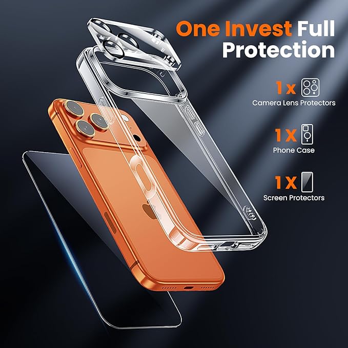 toushion 3 in 1 for iPhone 17 Pro Max Case Clear,Yellowing-Resistant Acrylic Back Screen Protector *1 & Camera Lens Protector*1, Shockproof for Phone Cover 6.9 inch