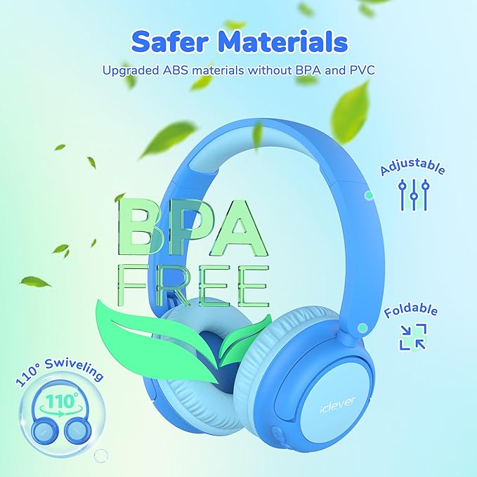 iClever BTH22 Kids Bluetooth Headphones, 60H Play Time, USB C Fast Charging, Bluetooth 5.4, AUX Cord,Safe Volume 74/85 dBA,Toddler Headphones for iPad/Tablet/Travel/School, Blue