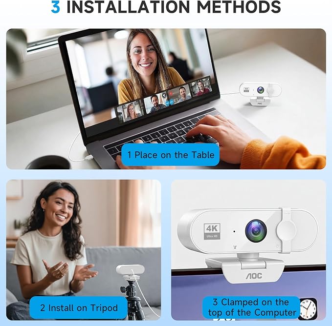 AOC White 4k Webcam for PC with Microphone, Computer Camera with Noise Cancellation, Privacy Cover, 99° FOV, Plug & Play USB Webcam for Streaming, Conferencing, Zoom, Skype, Facetime