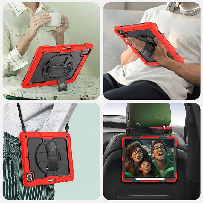SEYMAC Case for iPad Pro 12.9 2022/2021/ 2020/2018, Heavy Duty Protection Shockproof Case with Screen Protector, 360° Rotating Stand/Handle/Shoulder Strap, Supports Pencil 2 Charging, Red