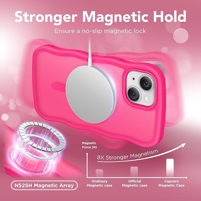 CAPRARO Cute for iPhone 13 Case & iPhone 14 Case, Compatible with MagSafe, [Curly Wave Edge] [Camera Protection] [14 FT Drop Protection] Magnetic for iPhone 13/14 6.1 Inch, Hot Pink