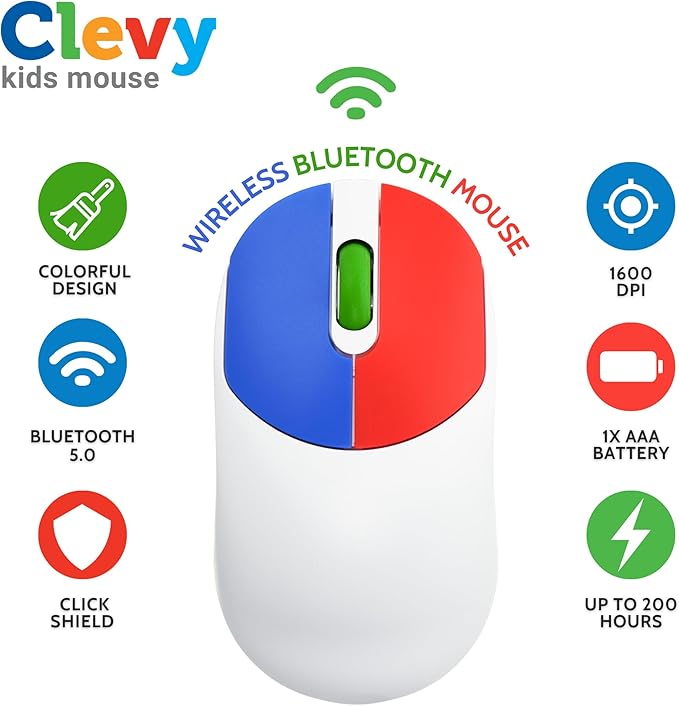 Clevy Kids Mouse - Colorful Ergonomic Bluetooth Computer and Laptop Kids Mouse for School and Home Computer Use - Wireless Children Friendly - Compatible with Windows, macOS, Chromebook