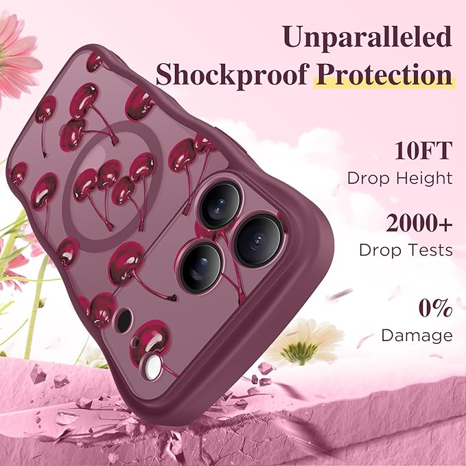 GVIEWIN for iPhone 17 Pro Max Case Compatible with MagSafe [Curly Wave Edge][Full Camera Protection] Floral Translucent Shockproof Magnetic Women Phone Case for 17 Pro Max, Ripe Cherry/Burgundy