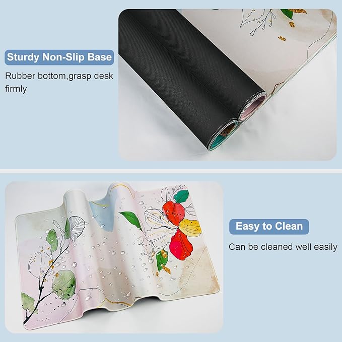 Large Gaming Mouse Pad with Coaster, Desk Matt for Desktop, Desk Pad, Mouse Pads Mat, Stitched Edges Big Extended Mousepad for Computer Keyboard Laptop Office Decor, 31.5'' x15.6''-Flowers&Leaves
