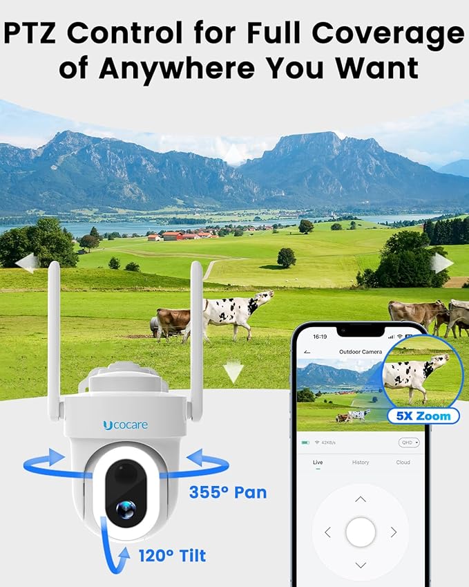 UCOCARE 4G LTE Cellular Security Camera Solar, No WiFi Outdoor Camera with SIM Card, 4MP HD 360° Pan Tilt, Color Night Vision, Motion Alerts, Off-Grid Camera for Farm Ranch Cabin Construction Site