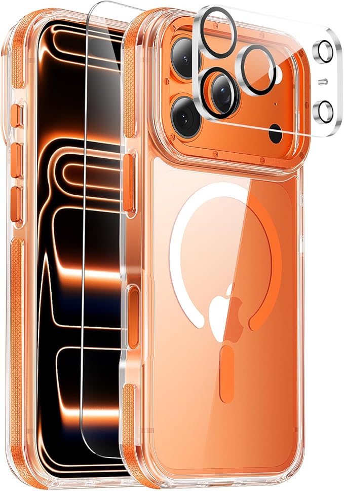 Anti-Yellowing Strong Magnetic for iPhone 17 Pro Case with Screen Protector*1 Camera Lens Protector*1,Fits MagSafe,[12FT Military Grade Drop] Slim Thin Cover, Clear Orange