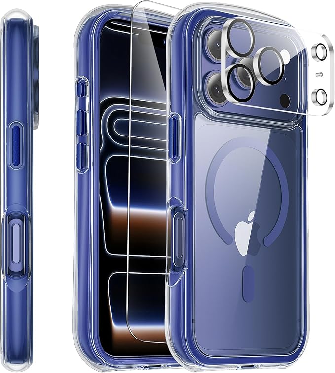 3-in-1 Air for iPhone 17 Pro Case with Screen Protector & Camera Lens Protector,[Fits MagSafe][Military-Grade Protection] [4-Side Built-in Airbag] Shockproof Case for iPhone 17 Pro (Clear-Blue)