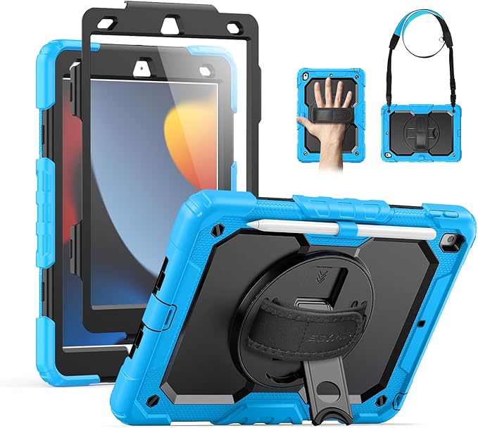 SEYMAC Kids Case for iPad 9th/ 8th/ 7th Generation 10.2" 2021-2019, Heavy Duty Protective Shockproof Case with Screen Protector, Rotating Stand/Handle/Shoulder Strap for iPad 10.2, Light Blue