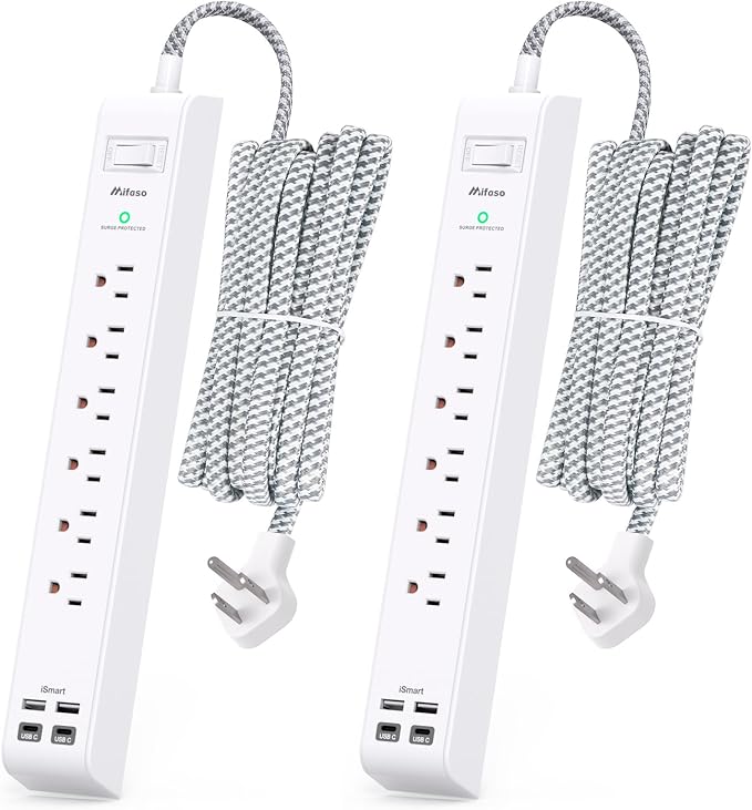 2 Pack Extension Cord 10ft Power Strip - Surge Protector with 6 Outlets 4 USB Charging Ports, Flat Plug, Overload Protection, Wall Mount for Home Office, Dorm Room Essentials