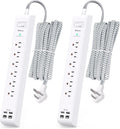 2 Pack Extension Cord 10ft Power Strip - Surge Protector with 6 Outlets 4 USB Charging Ports, Flat Plug, Overload Protection, Wall Mount for Home Office, Dorm Room Essentials