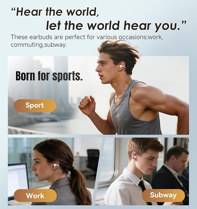 King Lucky Clip-On Earbuds Gen 3, Open-Ear Wireless Bluetooth 6.0 Headphones with Mic, Secure Fit for Small Ears & Glasses Wearers, 50H Playtime, ENC, IPX5 Waterproof Sport Ear Buds (White)