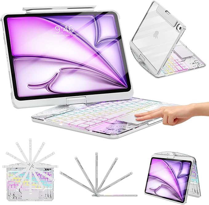 TSQQST Clear Wireless Keyboard Case for iPad Air 13 Inch (M4/M3/M2, 2026/2025/2024)/ iPad Pro 12.9" (6th/5th/4th/3rd Gen), 7-Color Backlit, Pencil Holder & Multi-Touch Trackpad, 360 Rotatable, White