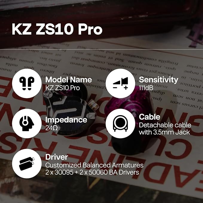 Linsoul KZ ZS10 Pro, 4BA+1DD 5 Driver in Ear Monitor, HiFi Wired Earbuds, Gaming Earbuds, Hybrid IEM Earphones with Stainless Steel Faceplate, Detachable Cable for Musician (Without Mic, Purple)
