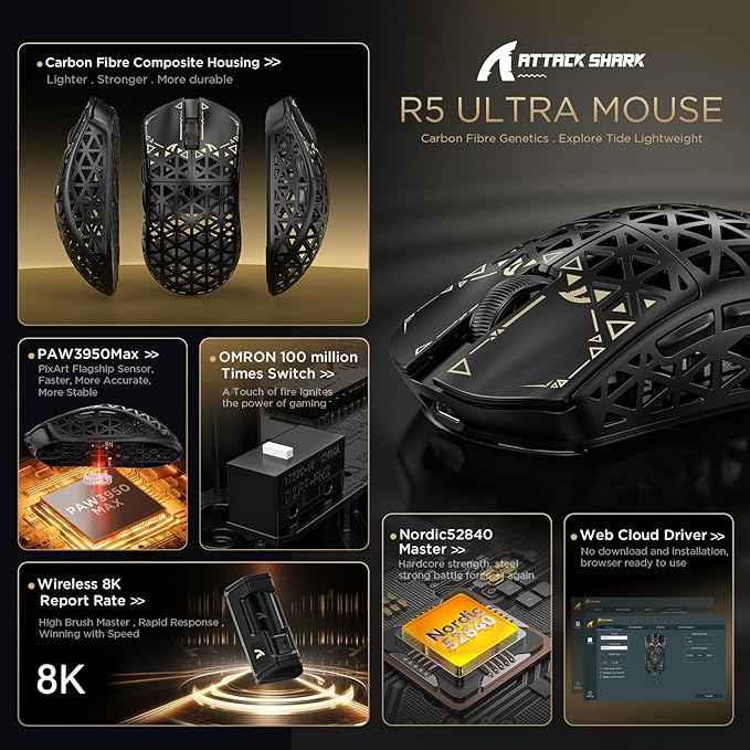 ATTACK SHARK R5 Ultra Wireless Gaming Mouse,Carbon Fiber Shell 39g Superlight,PAW3950MAX Optical Sensor Nordic 52840 MCU 8K Polling 42K DPI,Tri-Mode Programmable Mice with Coiled Cable-White&Griptape