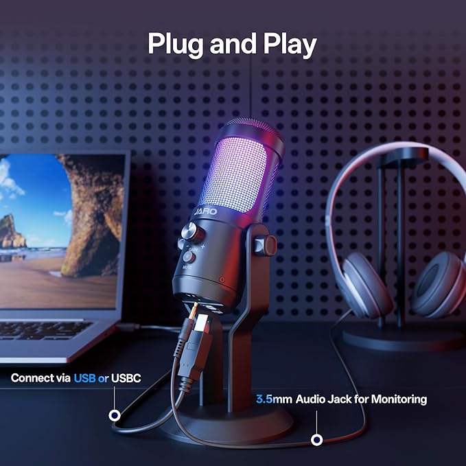 JARO USB Condenser Microphone with Mute Noise Cancelation RGB for Podcasting Gaming Streaming YouTube Zoom AMSR Singing Recording [Compatible with PC Laptop Mac PS4/5], (J100-CS)