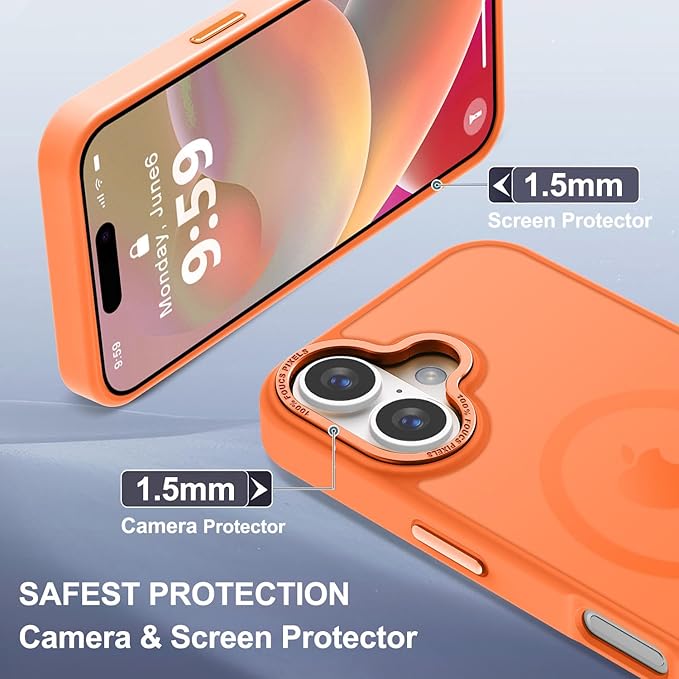 Newfuture Designed for iPhone 16 Case with Magnetic [13 FT Military Drop Protection] [Compatible with Magsafe] Slim Translucent Matte Shockproof with Anti-Fingerprint Phone Case, Orange