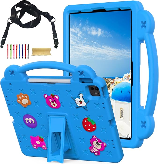 Cute Kids Case for Apple iPad Air 13" M4 M3 M2 2026 2025 2024/ iPad Pro 13 2025 2024/ Pro 12.9 2022/2021/2020/2018, DIY Figures Kickstand EVA Handle Case with Shoulder Strap Shockproof Cover,SkyBlue