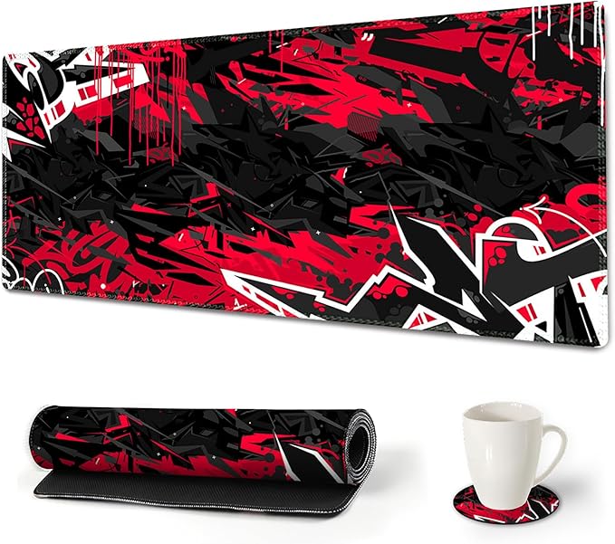 AIMSA Extended Gaming Mouse Pad Desk Mat, Large Mousepad with Stitched Edges (35x15.7 in), Keyboard Mouse Mat Stable Rubber Base Desk Pad for Work, Game, Red Black