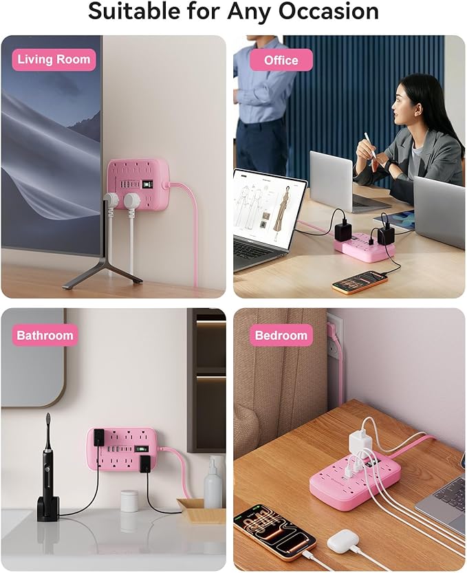 Pink Extension Cord with Surge Protector - 5 FT Kawaii Power Strip, Cute Extension Cord with 6 USB(3 USB C) and 8 Outlets, Pink Desk Accessories for Girl Cute Kawaii Room Decor Gifts Office Dorm Home