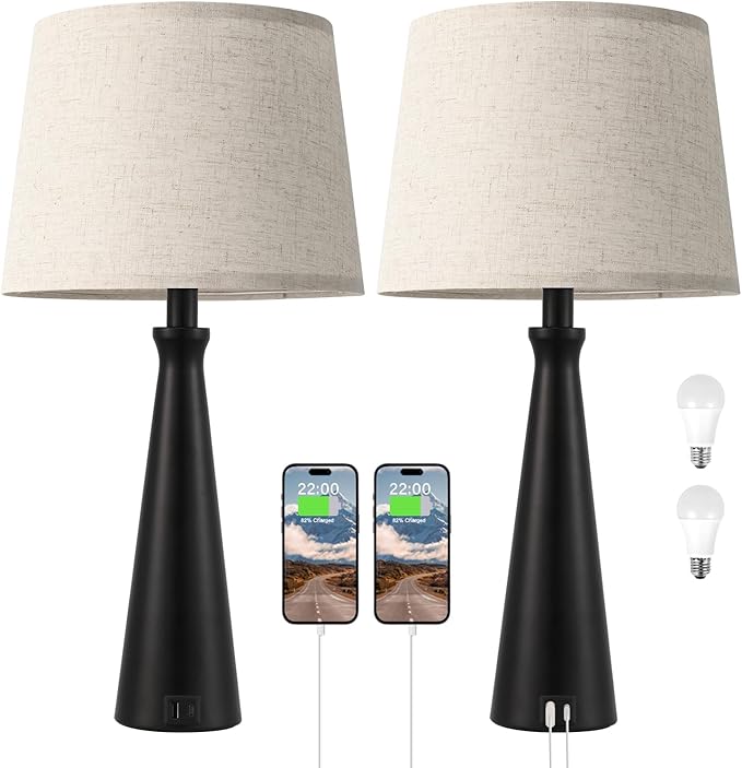 Seealle Modern Table Lamps Set of 2 - Touch Bedside Lamp for Nightstand with Dual USB C+A,3-Way Dimmable Nightstand Lamps for Living Room Bedroom End Table with Beige Shade(Bulb Included)