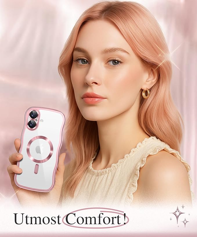 GVIEWIN for iPhone 17 Case Compatible with MagSafe, Upgraded [Full Camera Protection][Cute Wave Frame][Military Grade Protection] Electroplated Hard Phone Cover for Women Girl, Clear/Pink
