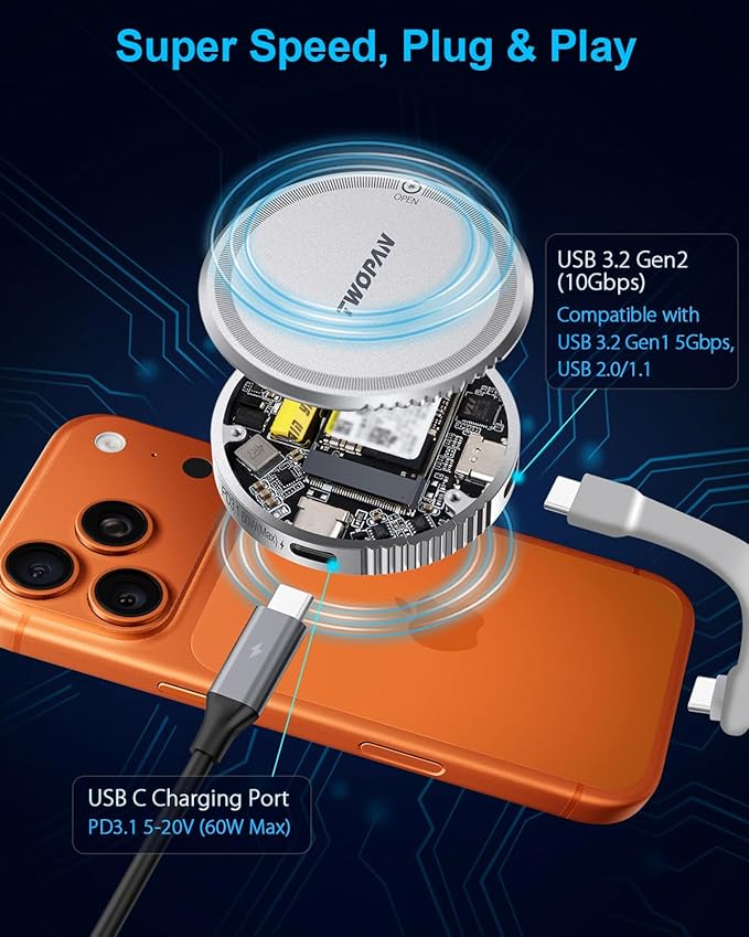 TWOPAN M.2 2230 NVMe SSD Enclosure with Dual-Sided MagSafe, 10Gbps Portable USB-C External SSD Case for 4K ProRes Video, iPhone 17/16/15 Pro Max, MacBook, iPad & USB-C Devices