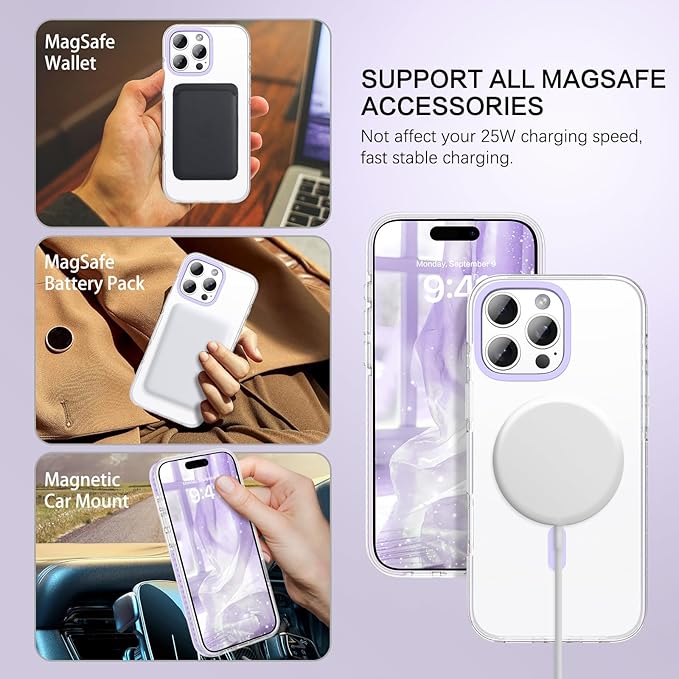 BENTOBEN Magnetic for iPhone 16 Pro Max Case 6.9", Compatible with Magsafe Military Shockproof Protective Bumper Cute Transparent Slim Anti-Yellowing Phone Case for iPhone 16 ProMax Cover,Clear Purple