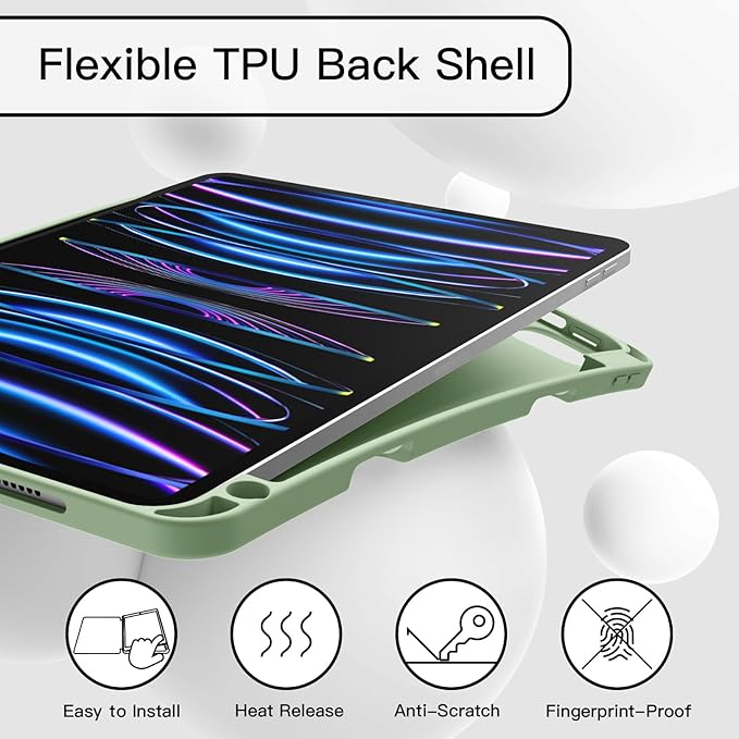JETech Case for iPad Pro 11 Inch 2022/2021/2020 Model (4th/3rd/2nd Generation), with Pencil Holder, Support 2nd Pencil Charging, Slim Tablet Cover with Soft TPU Back, Auto Wake/Sleep (Matcha Green)