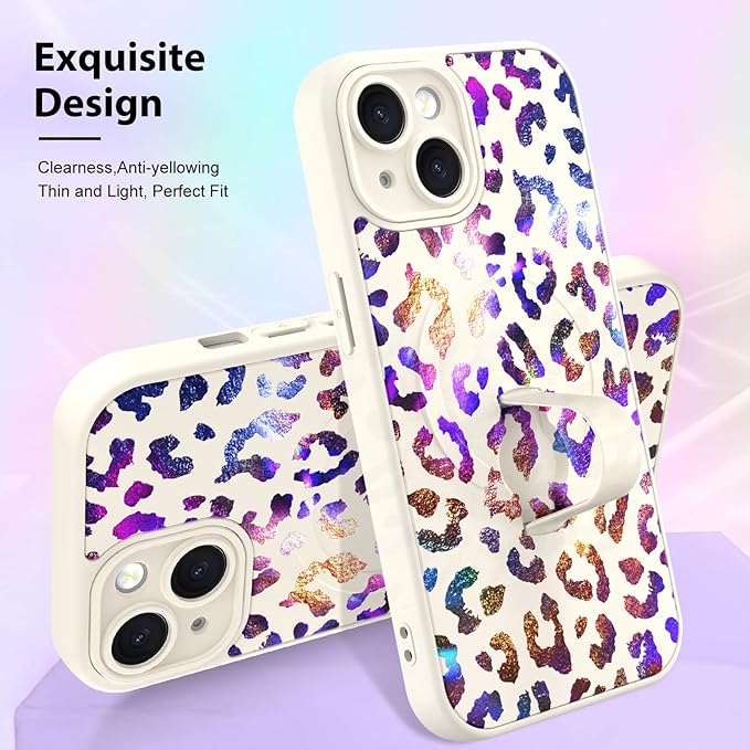 KANGHAR Compatible with iPhone 15 Case, Support for MagSafe, Silicone Cute Iridescent Leopard Cheetah Pattern, Wristband Kickstand Shockproof Protective Slim Cover for Women Girls, White