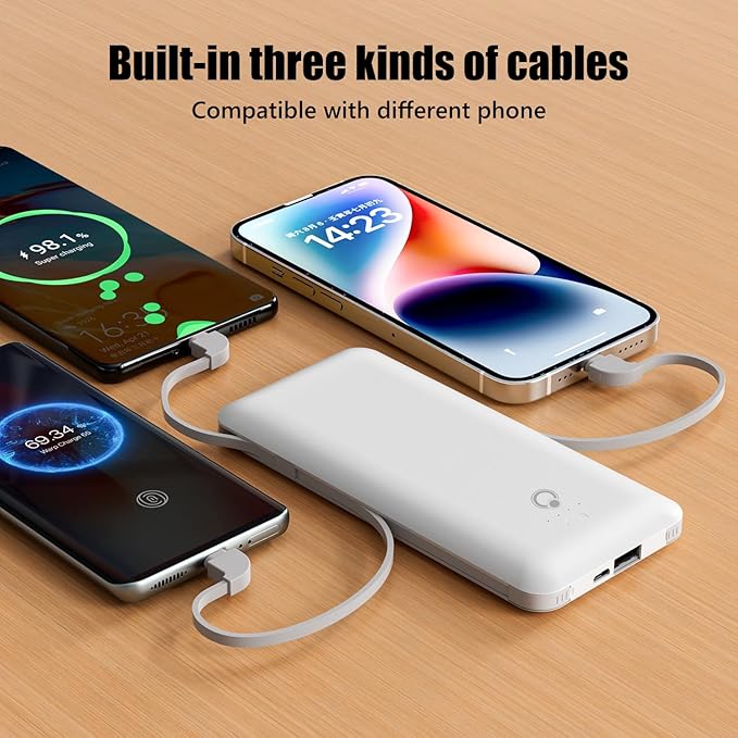 Brand Q Portable Charger with Built-in Cables and AC Wall Plug,Slim USB C Travel Essential Power Bank 10000mAh,External Battery Pack Compatible with iPhone,Samsung,Tablet and All Smart Phones