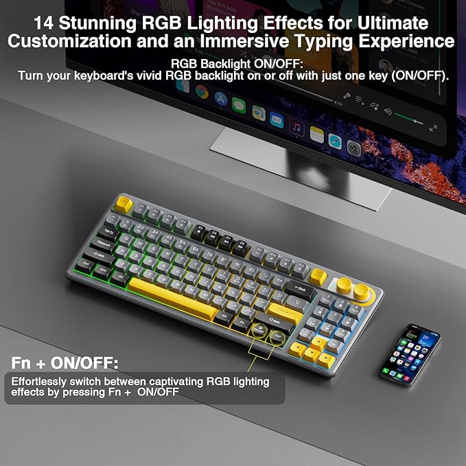 SOLAKAKA SK90 75% Wireless Gaming Keyboard - 4000mAh Tri-Mode (BT5.0/2.4G/USB-C) Cute Creamy Gaming Keyboard with Number Pad, Media Knob, RGB Backlit, Quiet Keys Silent Office Keyboards for PC MAC