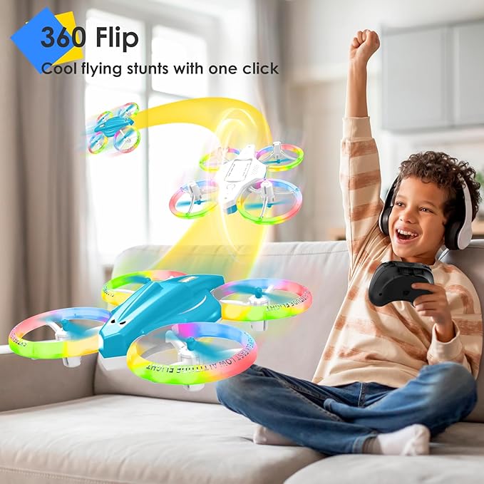 Drone for Kids with LED Light | Lisoco Indoor RC Drone with 360 Flip | 2 Batteries | Easy to Fly Mini Drone for Boys Girls Beginners | Flying Toy Gift (Light Blue)